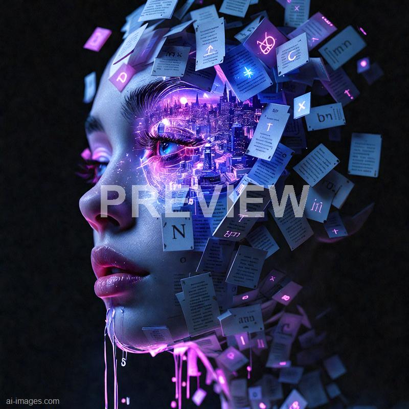 The image features a highly stylized, futuristic portrait of a woman's face with a digital and cyber aesthetic. Her face is illuminated with vibrant purple and pink neon lights, with her eye being a prominent bright blue. Surrounding her head are floating pieces of text and documents, some glowing with neon accents, creating a surreal, digital collage effect. The background is dark, emphasizing the luminous, high-tech elements and the intricate details of her facial features and the cityscape reflected within her eye.